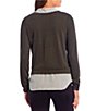 Color:Olive - Image 2 - V-Neck Long Sleeve Layered-Look Two-Fer Top