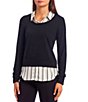 Color:Black - Image 1 - V-Neck Long Sleeve Layered-Look Two-Fer Top