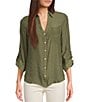I.N. San Francisco Woven Button Front 3/4 Sleeve Shirt, Color:Olive - Image 1