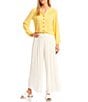 Color:Off White - Image 3 - Petite Size Solid Crepon Novelty Elastic Waist Wide Leg Pull-On Pants