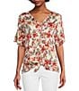 Color:Brown - Image 1 - Petite Size Short Tiered Ruffle Sleeve Tie Hem V-Neck Paisley Floral Print Top