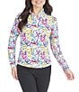 Color:Hot Pink Multi - Image 1 - Angie Printed Long Sleeve Quarter Zip Top