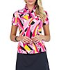 Color:Watermelon - Image 1 - Brianna Short Sleeve Printed Quarter Zip Top