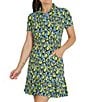 Color:Peri Multi - Image 1 - Gemma Print Short Sleeve Half Zip Point Collar Godet A-Line Mini Dress