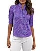 IBKUL Gladis Printed Mandararin Collar Ruched Elbow Sleeve Top - Image 1