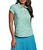 IBKUL Josie Printed Collared Tulip Short Sleeve Stretch Knit Polo, Color:Josie Turquoise/Lime - Image 1