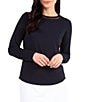 Color:Black - Image 1 - Long Sleeve Mesh Inlay Crew Neck Top