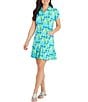 Color:Jade/Lime - Image 1 - Nadia Print Short Sleeve Half Zip Point Collar Godet A-Line Mini Dress