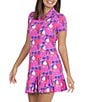 Color:Hot Pink/Watermelon - Image 1 - Nadia Print Short Sleeve Half Zip Point Collar Godet A-Line Mini Dress