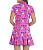 Color:Hot Pink/Watermelon - Image 2 - Nadia Print Short Sleeve Half Zip Point Collar Godet A-Line Mini Dress