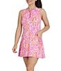 Color:Hot Pink/Pink Candy - Image 1 - Naomi Print Sleeveless Half Zip Crew Neck Mesh Pocket Mini Sheath Dress