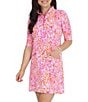 Color:Hot Pink/Candy Pink - Image 1 - Naomi Printed Ruched Elbow Length Sleeve Zip Mock Neck Dress