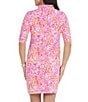 Color:Hot Pink/Candy Pink - Image 2 - Naomi Printed Ruched Elbow Length Sleeve Zip Mock Neck Dress