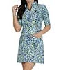 Color:Navy/Lime - Image 1 - Naomi Printed Ruched Elbow Length Sleeve Zip Mock Neck Dress