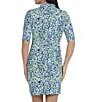 Color:Navy/Lime - Image 2 - Naomi Printed Ruched Elbow Length Sleeve Zip Mock Neck Dress