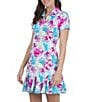 Color:Hot Pink Multi - Image 1 - Paddy Print Short Sleeve Half Zip Point Collar Godet A-line Mini Dress