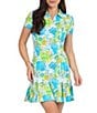 Color:Lime Multi - Image 1 - Paddy Print Short Sleeve Half Zip Point Collar Godet A-line Mini Dress