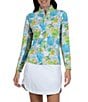 Color:Lime Multi - Image 3 - Paddy Printed Quarter Zip Mock Neck Long Sleeve Top