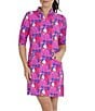 Color:Hot Pink/Watermelon - Image 1 - Printed Short Ruched Elbow Sleeve Zip Mock Neck Front Pocket Shift Dress