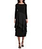 Color:Black - Image 1 - Apron ITY Knit Boat Neck Long Sleeve Asymmetrical Contrast Layered Pocketed A-Line Midi Dress