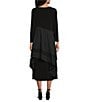 Color:Black - Image 2 - Apron ITY Knit Boat Neck Long Sleeve Asymmetrical Contrast Layered Pocketed A-Line Midi Dress