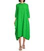 Color:Green - Image 1 - Bubble Check Woven High Neck 3/4 Sleeve Sharkbite Hem Midi A-Line Dress