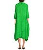 Color:Green - Image 2 - Bubble Check Woven High Neck 3/4 Sleeve Sharkbite Hem Midi A-Line Dress