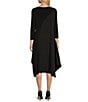 Color:Black - Image 2 - Double Textured Puckered Ity Knit Crew Neck 3/4 Sleeve A-Line Asymmetrical Hem Midi Dress