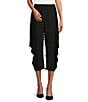 Color:Black - Image 1 - Double Textured Puckered ITY Knit Elastic Waist Pocketed Side Draped Pull-On Coordinating Cropped Pants