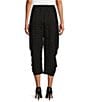 Color:Black - Image 2 - Double Textured Puckered ITY Knit Elastic Waist Pocketed Side Draped Pull-On Coordinating Cropped Pants
