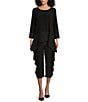 Color:Black - Image 3 - Double Textured Puckered ITY Knit Elastic Waist Pocketed Side Draped Pull-On Coordinating Cropped Pants