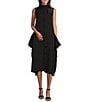 Color:Black - Image 1 - Textured Bubble Check Woven Mock Neck Sleeveless Pocketed Swing Waistless Midi Dress