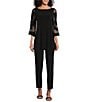 Color:Black - Image 3 - IC Collection Boat Neck 3/4 Mesh Inset Bell Sleeve Knit Top