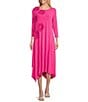 Color:Pink - Image 1 - Knit Floral Patch Appliques Round Neck 3/4 Sleeve A-Line Asymmetrical Hem Midi Dress
