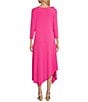 Color:Pink - Image 2 - Knit Floral Patch Appliques Round Neck 3/4 Sleeve A-Line Asymmetrical Hem Midi Dress
