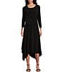 Color:Black - Image 1 - Knit Floral Patch Appliques Round Neck 3/4 Sleeve A-Line Asymmetrical Hem Midi Dress