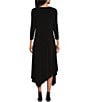 Color:Black - Image 2 - Knit Floral Patch Appliques Round Neck 3/4 Sleeve A-Line Asymmetrical Hem Midi Dress