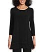 Color:Black - Image 1 - Round Neck 3/4 Sleeve Knit Jersey Layered Tunic