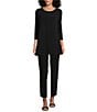 Color:Black - Image 3 - Round Neck 3/4 Sleeve Knit Jersey Layered Tunic