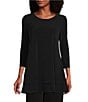 Color:Black - Image 1 - Round Neck 3/4 Sleeve Knit Jersey Layered Tunic