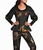 IC Collection Metallic-Blend Golden Bloom Flower Print Stand Collar 3/4 Blouson Sleeve Coordinating Zip-Up Jacket - Image 1