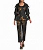 IC Collection Metallic-Blend Golden Bloom Flower Print Stand Collar 3/4 Blouson Sleeve Coordinating Zip-Up Jacket - Image 3