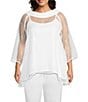 Color:White - Image 1 - Plus Size Cowl Neck 3/4 Sleeve Mesh Tunic