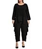 Color:Black - Image 3 - Plus Size Double Textured Pucker ITY Knit Elastic Waisted Pocketed Side Drape Pull-On Cropped Pants
