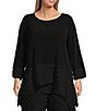 Color:Black - Image 1 - Plus Size Double Textured Puckered Ity Knit Scoop Neck 3/4 Sleeve Asymmetrical Tunic