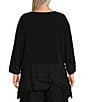 Color:Black - Image 2 - Plus Size Double Textured Puckered Ity Knit Scoop Neck 3/4 Sleeve Asymmetrical Tunic