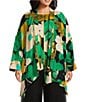 Color:Green - Image 1 - Plus Size Floral Print Woven 3/4 Sleeve Open Front Kimono Jacket