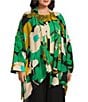 Color:Green - Image 3 - Plus Size Floral Print Woven 3/4 Sleeve Open Front Kimono Jacket