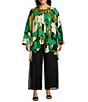 Color:Green - Image 4 - Plus Size Floral Print Woven 3/4 Sleeve Open Front Kimono Jacket