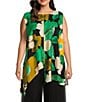 Color:Green - Image 1 - Plus Size Floral Print Woven Scoop Neck Sleeveless Asymmetrical High-Low Hem Tank Top